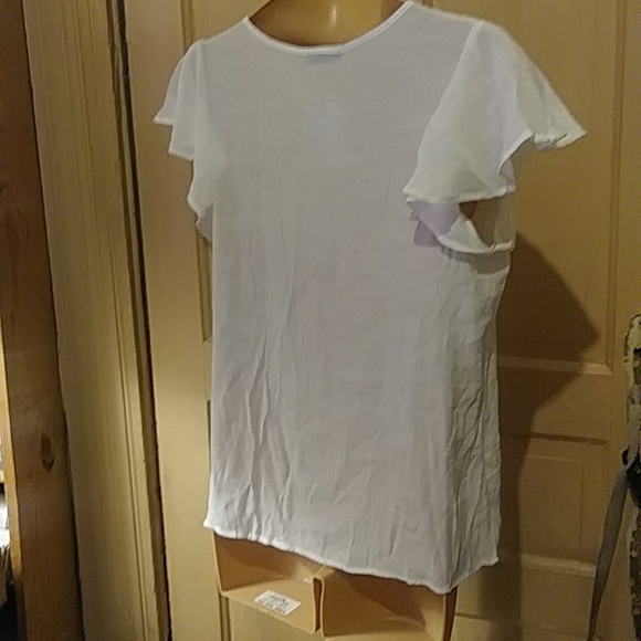 New Flutter sleeve, front tie , pull-over, lace trimmed, sheer TOP - Picture 4 of 4